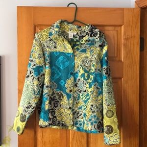 Blue and green patterned jacket.
